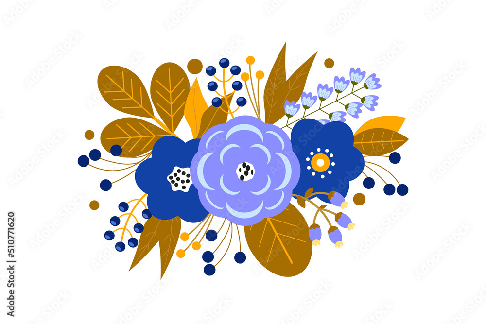 Vector collection flowers and leaves in flat style