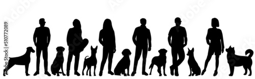 dogs and people silhouette on white background, isolated, vector