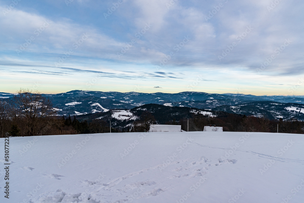 View from Cieslar hill in winter Beskid Slaski mountains on polish - czech borders