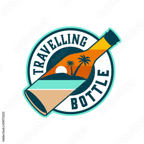 Travelling beach and island, palm sunset in a bottle vintage logo design illustration