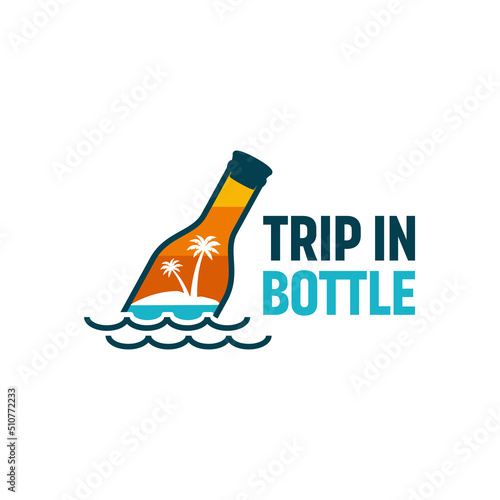Bottle floating with beach and island in inside travelling adventure logo design