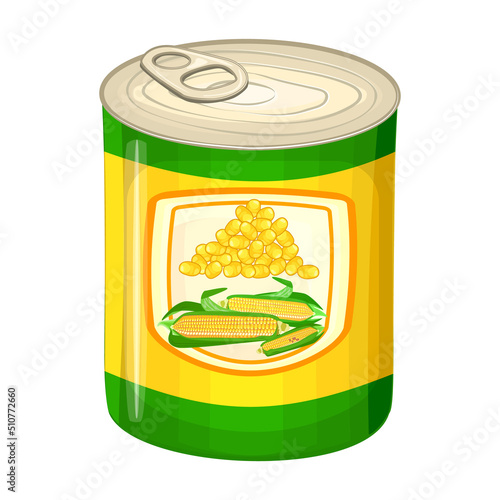 Canned sweet maize in tin can with corn cob on label. Canned food, long term storage product concept. Tin can with corn kernels in tin packaging. Vitamin source, cooking ingredient.Vector illustration