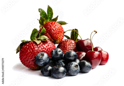 Fototapeta Naklejka Na Ścianę i Meble -  Fresh strawberries, blueberries and cherry isolated on white background, fresh berries isolated on white background