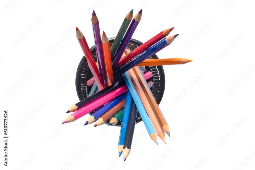 Black iron box with colored pencils, top view. Isolated on a white background and clipping path. Black iron box with colored pencils, top view. Isolated on a white background and clipping path.