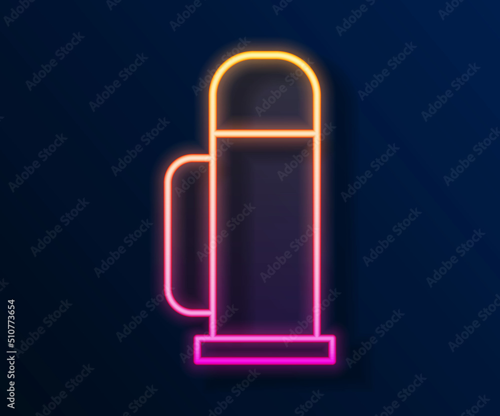 Glowing neon line Thermos container icon isolated on black background. Thermo flask icon. Camping and hiking equipment. Vector Glowing neon line Thermos container icon isolated on black background. Thermo flask icon. Camping and hiking equipment. Vector