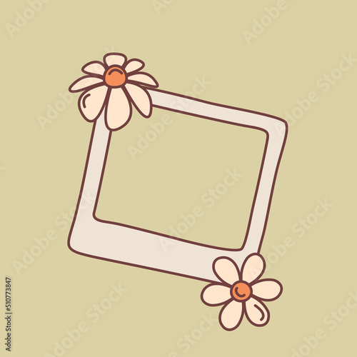 Groovy doodle photo frame with daisy flover in retro style. Isolated vector frame template for funny photos, card and scrapbook.