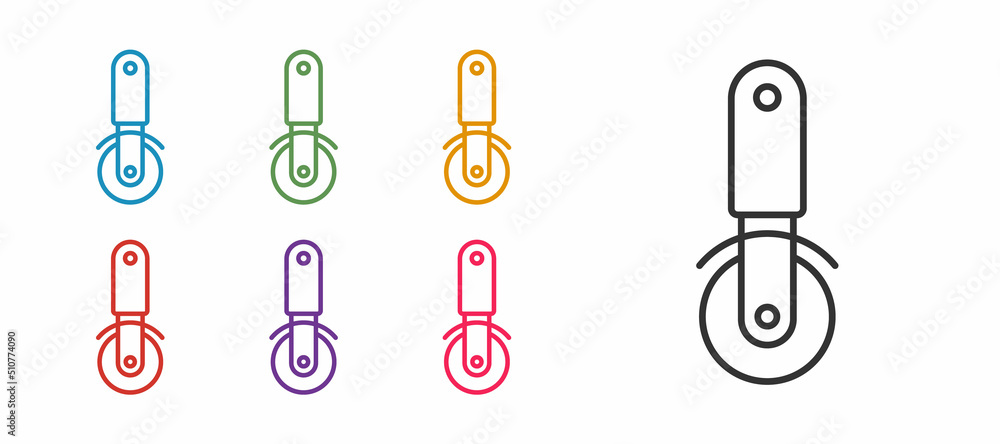 Set line Pizza knife icon isolated on white background. Pizza cutter sign. Steel kitchenware equipment. Set icons colorful. Vector Set line Pizza knife icon isolated on white background. Pizza cutter sign. Steel kitchenware equipment. Set icons colorful. Vector