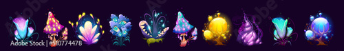 Fantasy mushrooms, flowers and trees, alien planet or magic game plants isolated set. Unusual nature flora or fauna assets, strange fairy tale or extraterrestrial elements, Cartoon vector illustration