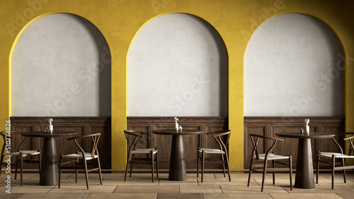 Interior with yellow arcs, dinner tables and wall panel. 3d render illustration mockup.