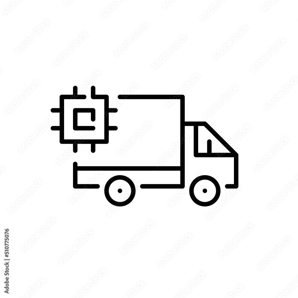 Delivery truck equipped with CPU chip. Pixel perfect, editable stroke line icon Delivery truck equipped with CPU chip. Pixel perfect, editable stroke line icon