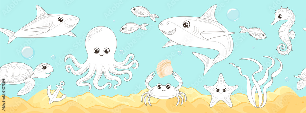 Coloring page outline of cartoon underwater sea life. Undersea landscape with cute shark, turtle, octopus, crab, starfish, seahorse and travel stuff. Coloring book for children. Vector illustration.