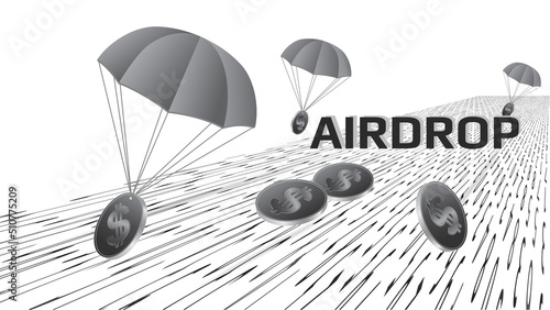 Futuristic token airdrop concept with receding perspective on the digital road and coin Dollars USD with parachutes in gray colors isolated on white background.