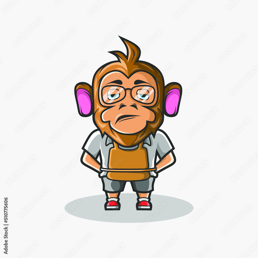 Obraz premium Cute coffee barista monkey character illustration. Simple animal vector design. Isolated with soft background.