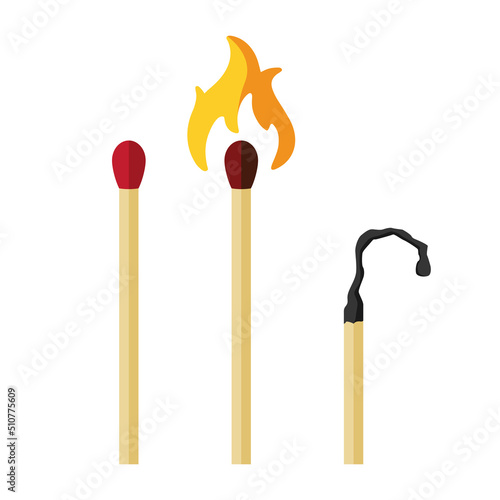 Set of matches. Three matches in cartoon style. A new match, a burning match, a burnt match. Vector illustration isolated on a white background for design and web.