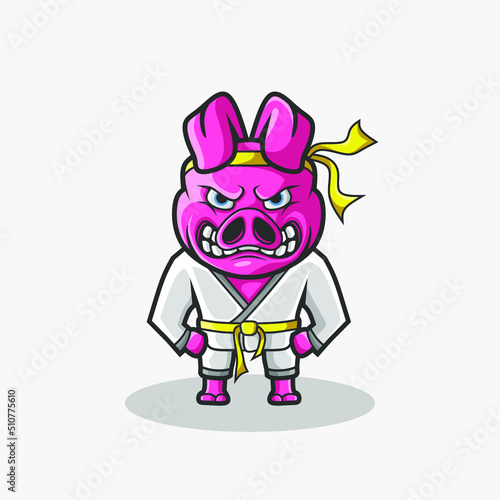Cute karate pig pork character illustration. Simple animal vector design. 