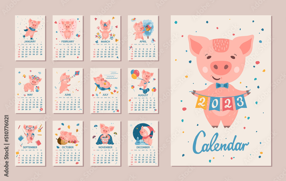 Vecteur Stock Monthly Calendar 2023 Year. Cute cartoon Pig in different