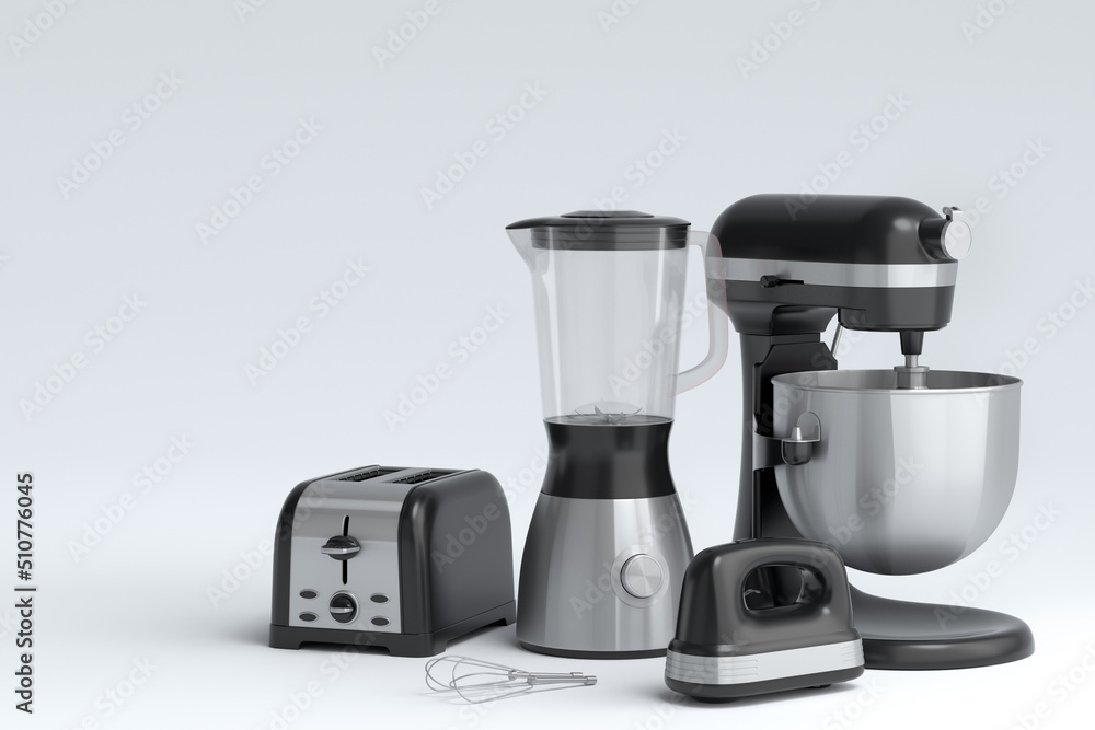 Electric blender for making healthy smoothie, hand mixer and toaster on  white Stock Illustration | Adobe Stock