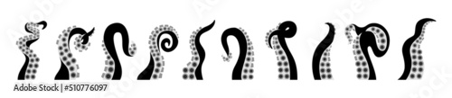 Graphic tentacles octopus isolated set. Vector black icons of underwater ocean fish or kraken monster. Geometric flat cardboard design. Twisted long limbs with suckers of cephalopods or sea cuttlefish