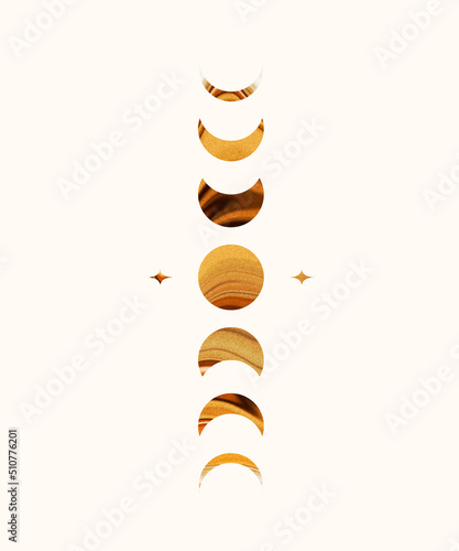Boho wall art print with brown glitter watercolor moon phases
