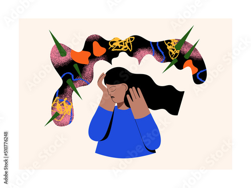 Obsessive-compulsive disorder and anxiety disorder. Despair in women who experience stress and nervousness. The girl suffers from mental stress. The woman suffers from a brain disorder. Vector 