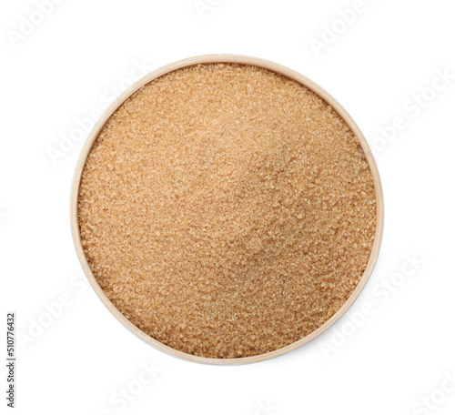 Brown sugar in bowl isolated on white, top view