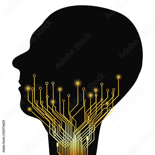 Silhouette of human head in profile with circuit board tracks going up neck isolated on white background. Human digitalization concept. Design element.