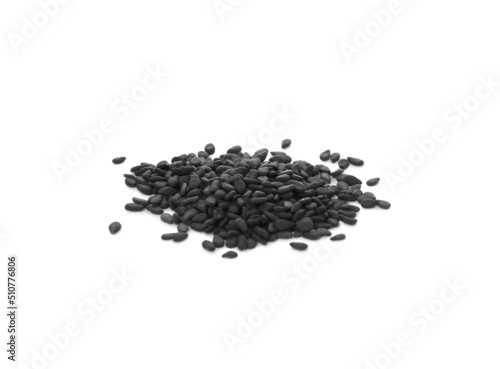 Heap of black sesame seeds on white background