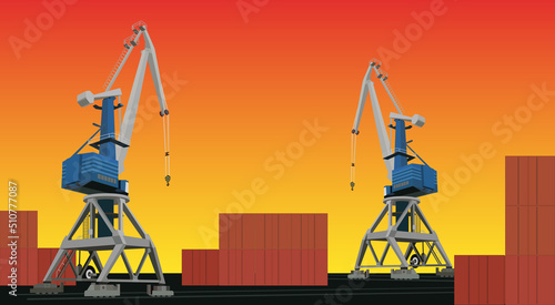 Commercial cargo port with cranes and containers on background sunset sky with copy space.