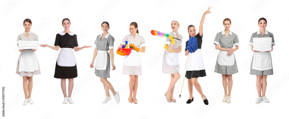 Obraz premium Collage with photos of chambermaids on white background. Banner design