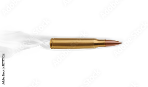 Bullet with smoke flying on white background photo