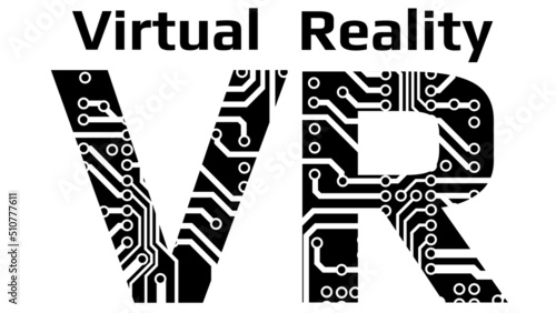 Silhouette letters VR abbreviation for Virtual Reality perforated with PCB circuit board tracks isolated on white background.