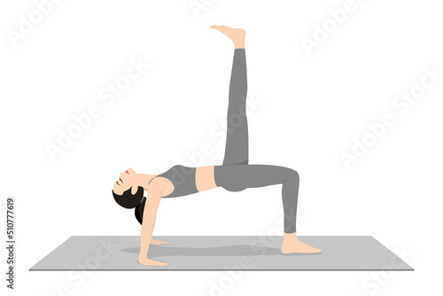 One Legged Reverse Table Top Pose. Beautiful girl practice Eka Pada Ardha Purvottanasana. Young attractive woman practicing yoga exercise. working out, black wearing sportswear, grey pants and top