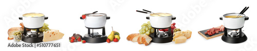 Set with different fondue pots and products on white background. Banner design