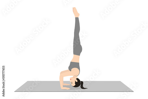 Headstand Pose Ii. Beautiful girl practice Sirsasana Ii. Young attractive woman practicing yoga exercise. working out, black wearing sportswear, grey pants and top, indoor full length, calmness