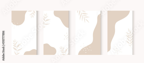 Social Highlight Covers and stories page. Minimal stories insta template. Minimalism trendy style, organic shapes with leaves. Vector backgrounds.