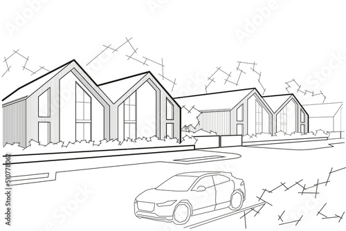 Linear architectural sketch town street with blocked houses