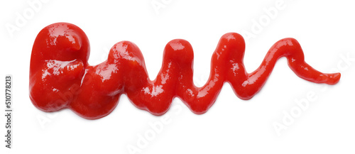 Tasty ketchup on white background, top view