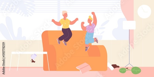 Children play in room. Brother and sister jumping on couch, chaos in home. Vacation or holiday time, cute happy cartoon kids, vector concept
