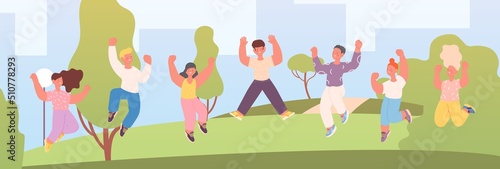 Little joyful students rejoice holidays. Summer vacation, happy jumping children in city park. Cartoon happiness kids, outdoor activity vector characters