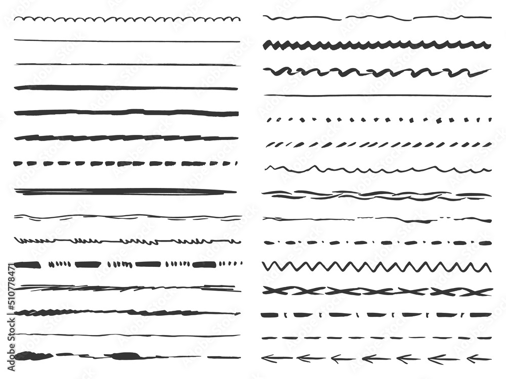Isolated grunge sketch lines. Creativity line pencil or pen, ink brush kit. Freehand draw strokes, scribble dividers. Neoteric artistic vector set Isolated grunge sketch lines. Creativity line pencil or pen, ink brush kit. Freehand draw strokes, scribble dividers. Neoteric artistic vector set