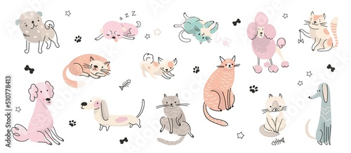 Fototapeta Naklejka Na Ścianę i Meble -  Doodle adorable pets. Cute dog portrait, pretty kitten relax different poses. Cats and dogs, cartoon drawing puppies. Isolated nowaday animals vector set
