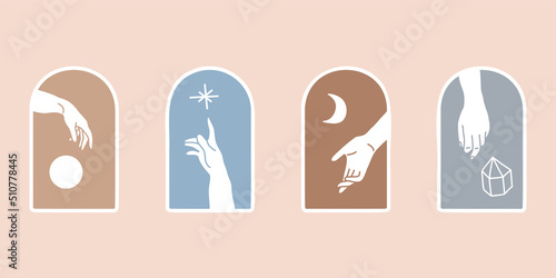 Abstract boho arch windows set. Magic hands with sun moon star and healing crystal inside arch frames. Esoteric cards collection. Minimalistic scandinavian room interior decoration