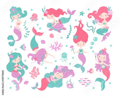 Cartoon mermaids set. Mermaid girl and fish  cute birthday funny characters. Little underwater princess  isolated marine kids nowaday vector kit