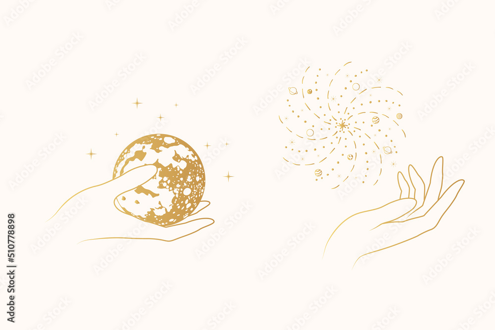 Golden celestial hands with mystical elements - planets and stars. Two vector illustrations isolated on white background. Golden celestial hands with mystical elements - planets and stars. Two vector illustrations isolated on white background.
