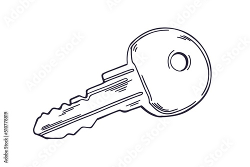 Etched outlined apartment door key drawn in vintage style. Black and white de...