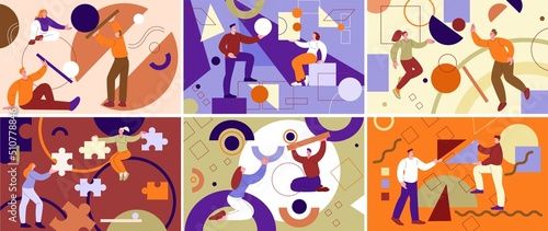 Collaborative business management. Employees collaboration, cartoon people collect geometric shapes. Teamwork and support kicky vector metaphor