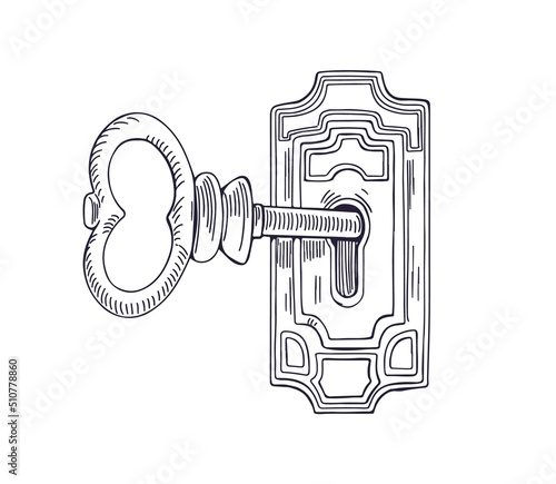 Old etched key inside lock, keyhole unlocking ancient door. Outlined contoured engraved drawing in retro style. Vintage handdrawn vector illustration isolated on white background
