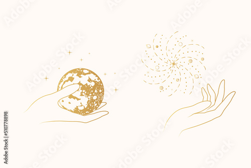 Golden celestial hands with mystical elements - planets and stars. Two vector  illustrations isolated on white background.
