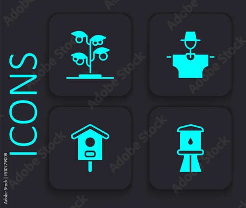 Set Water tower, Sprout, Scarecrow and Bird house icon. Black square button. Vector