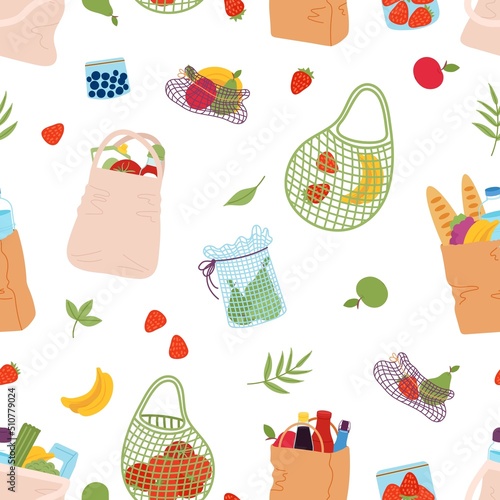 Eco shopping bags. Fruits and grocery store packs, craft paper bag with food. Fresh market products, zero waste vector seamless pattern